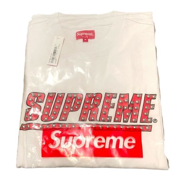 Supreme Studded L/S Top White, Red Logo, Silver Studs NWT Sealed SZ M SS20 - Picture 2 of 7